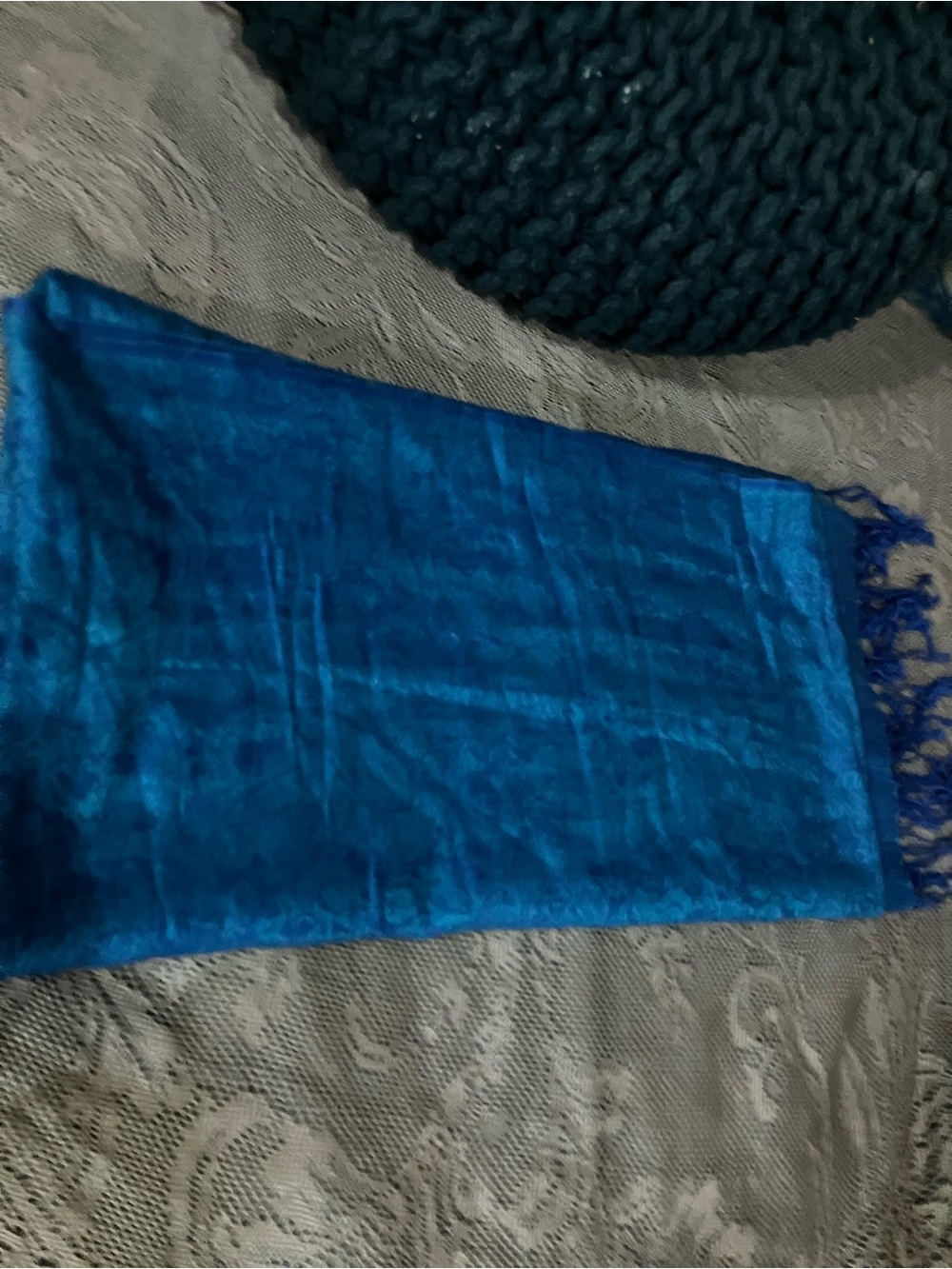 Vibrant Blue Satin Scarf with Fringed Ends